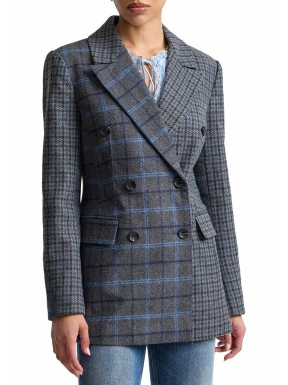 New Avec Les Filles Mixed Plaid Hourglass Blazer Grey Blue XS
